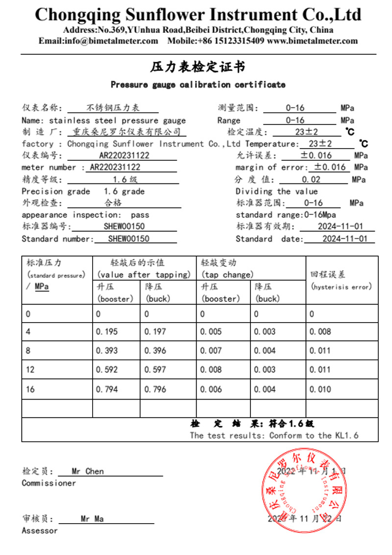 壓力表鑒定證書