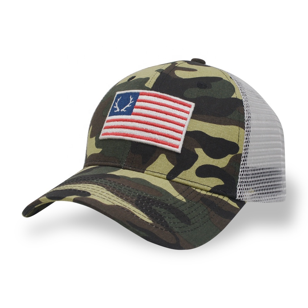 Custom Printed Pattern Sport Cap 6 Panel Pre Curved Brim Old School Camo Mesh Trucker Caps Hat