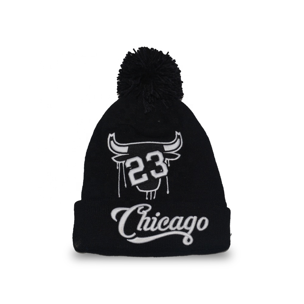 Custom jacquard letter embroidered bobble hats toque pom pom knitted winter beanie hat with custom logo