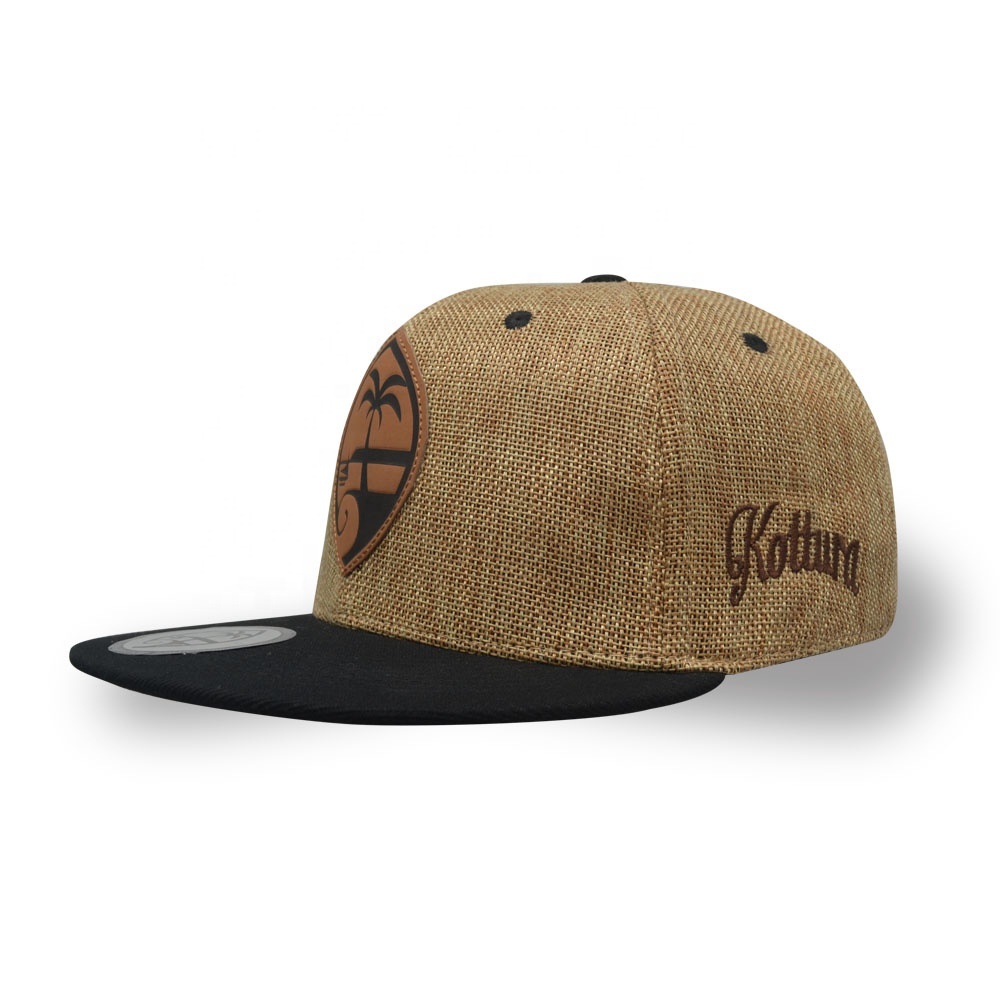 Custom Leather Patch Logo Flat Brim Linen Fabric 6 Panel  Adults Plain Mens Vintage Snapback Caps