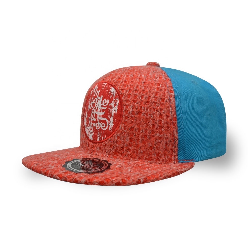Top sale BSCI 2021 new style DIY customized logo 6-panel applique wool and cotton twill snapback cap flat bill winter hat