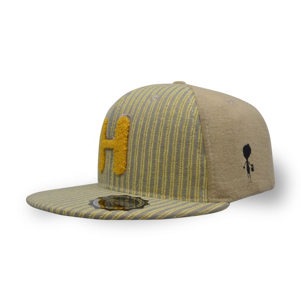 Custom 6 Panel Towel Embroidery Logo Yellow Striped Flat Bill Hip Hop Luxury Snapback Caps