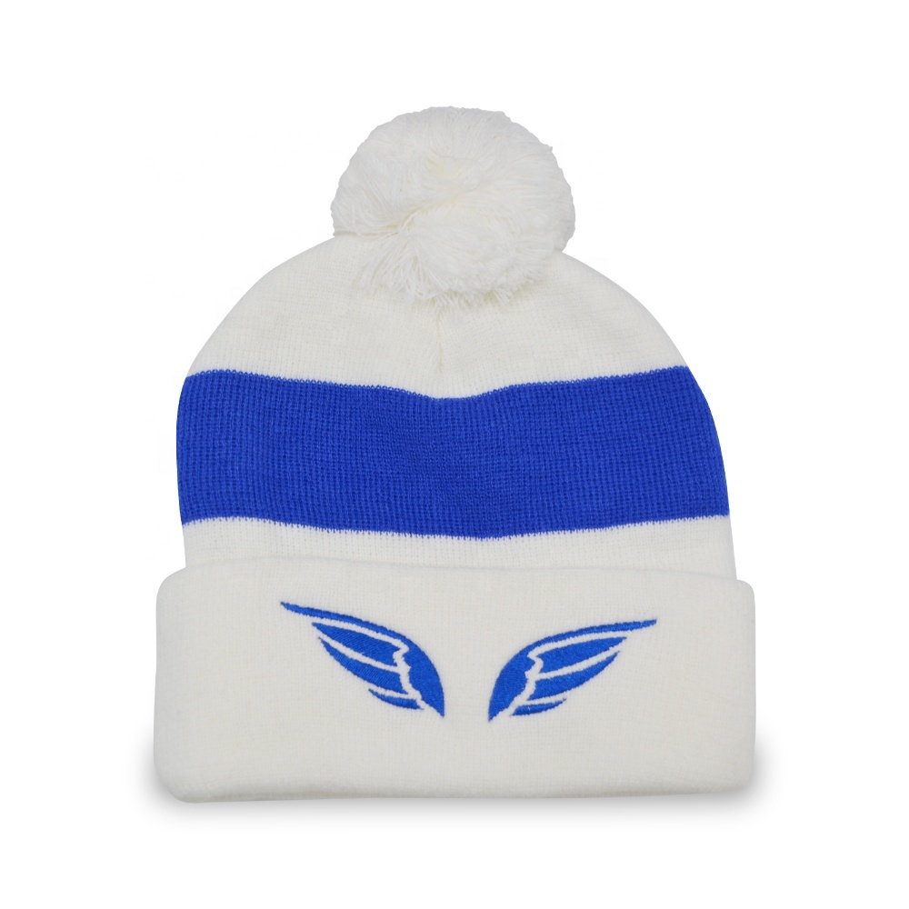 Custmo Logo Trendy High Quality Acrylic Warm Winter Hats Wing Embroidery Logo Pom Pom Knitted Beanie