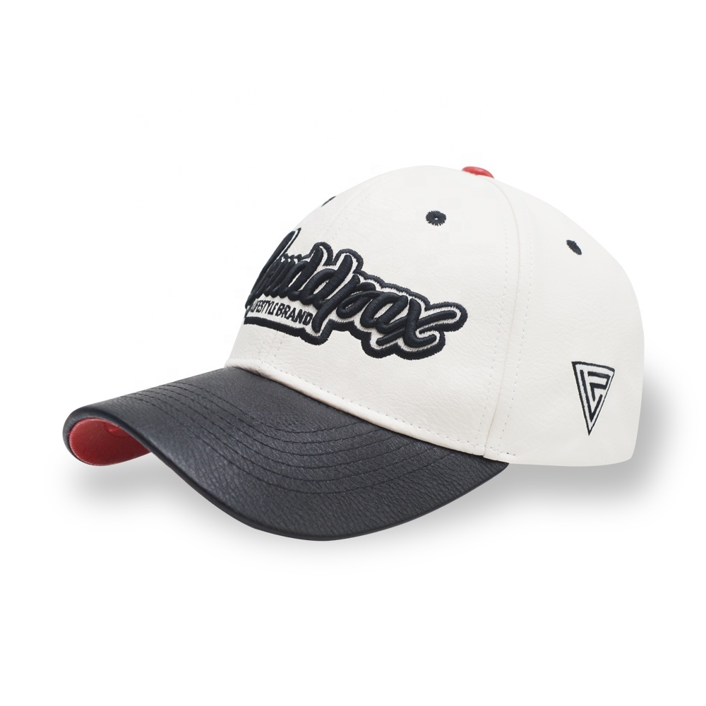 3D embroidery metallic thread PU leather 6 panel baseball cap with custom logo blank