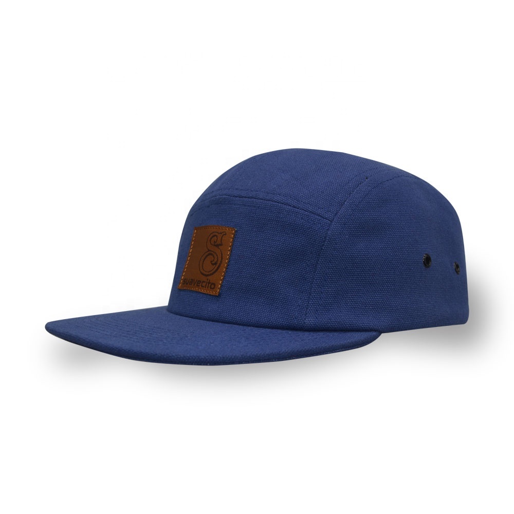 Customized 5 panel leather Patch flat bill snapback plastic buckle fashion hat