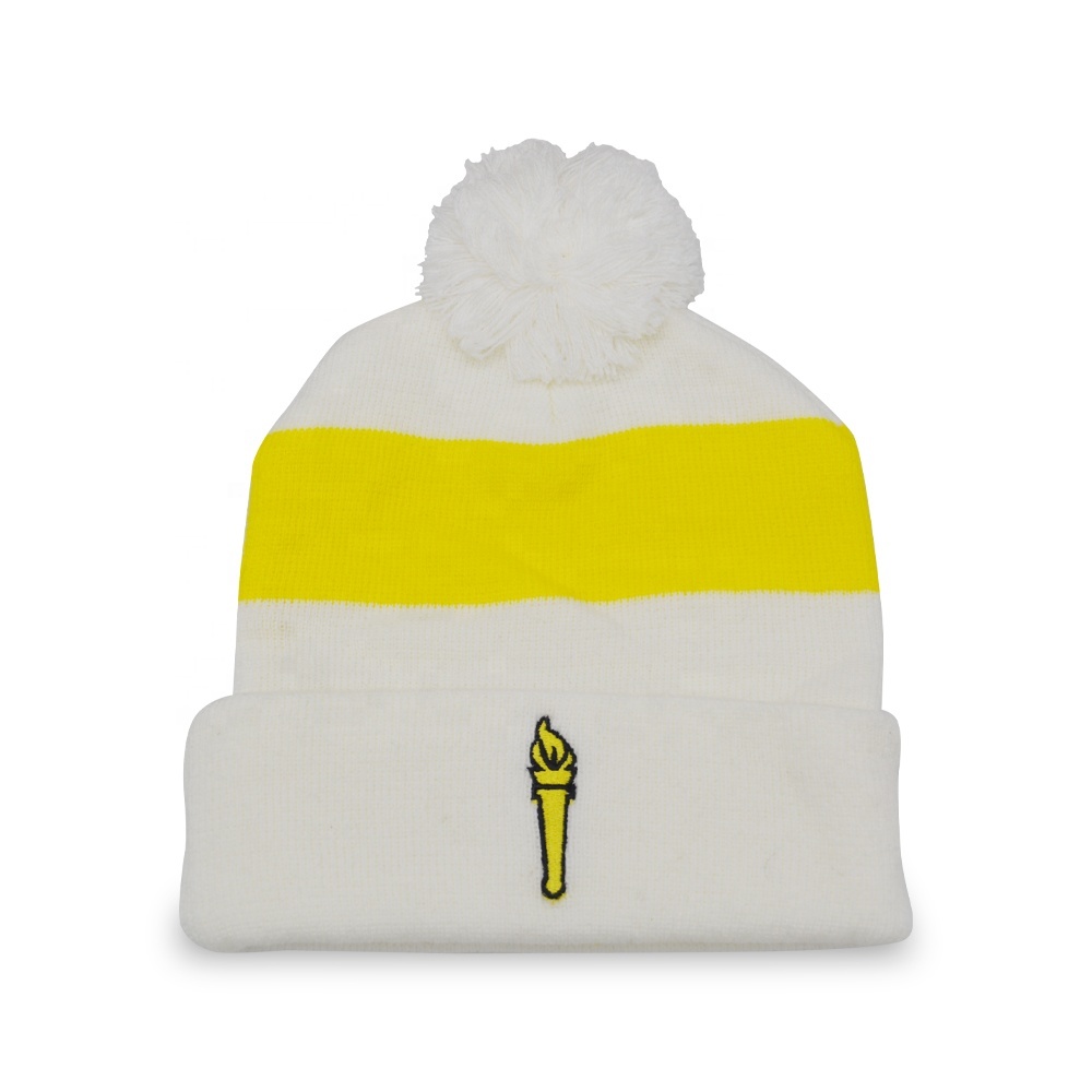 Manufacturer Custmo Logo Trendy High Quality 100% Acrylic Warm Winter Hats Wing Embroidery Logo Pom Pom Knitted Beanie