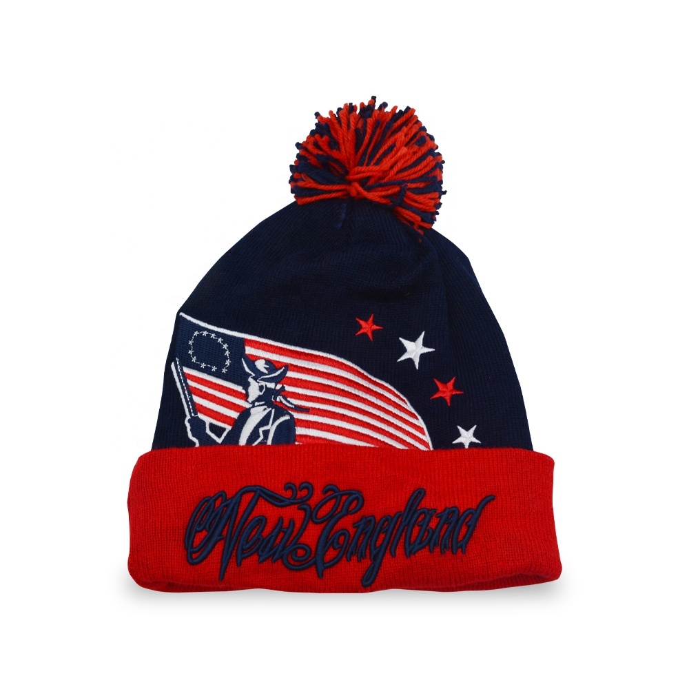 Winter Hat With Top Ball Custom Jacquard Design Acrylic Knit Pom Beanie Men For Football Team