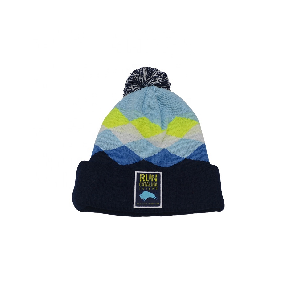 Custom Llogo Pompom Beanie Hat Fashion Alphabet Woven Patch Acrylic Knitted Furry Lining Warm Jacquard Winter Hats