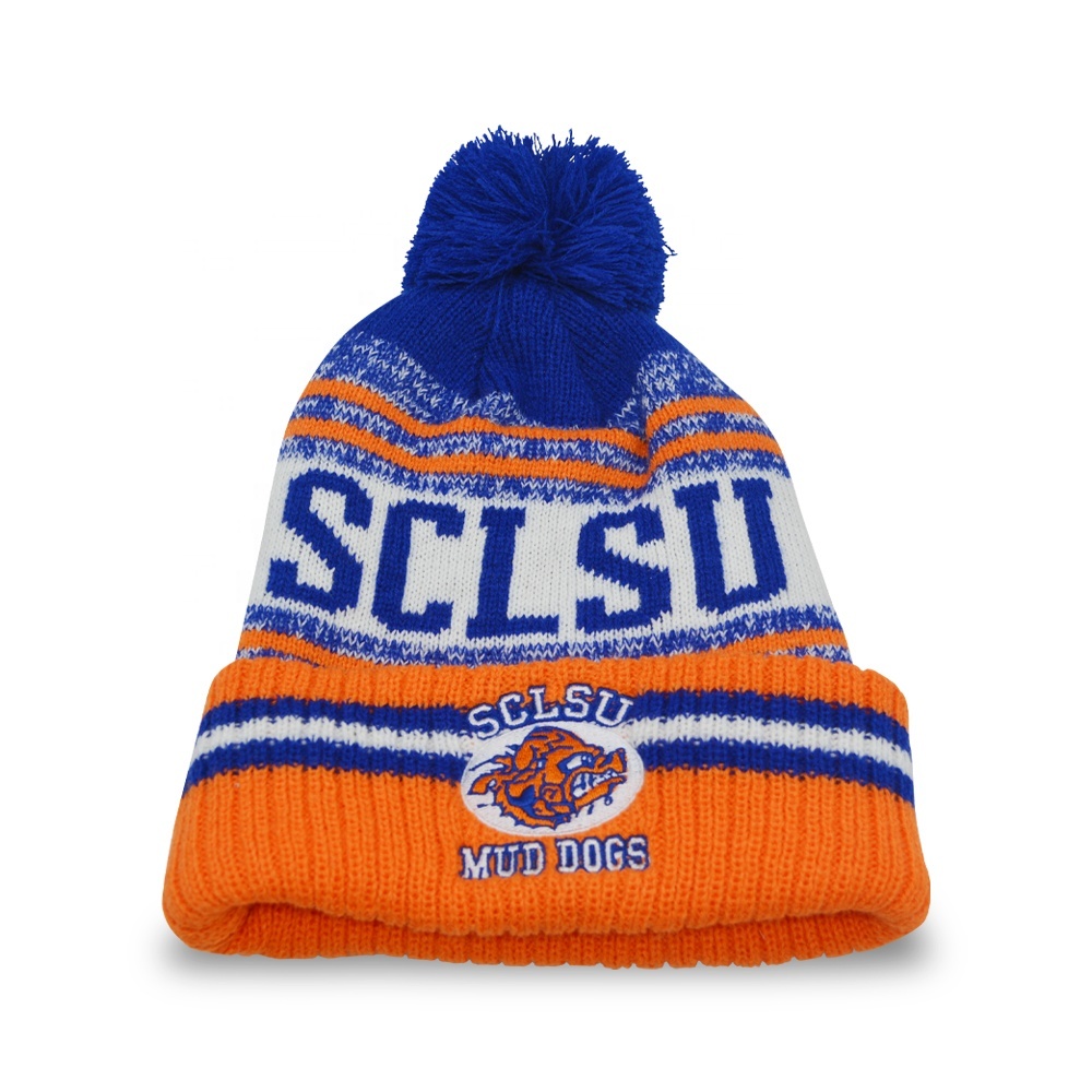 High Quality Beanie Embroidery Logo 100% Acrylic Pom Pom Beanie Hat Knitted Beanie Winter Hat