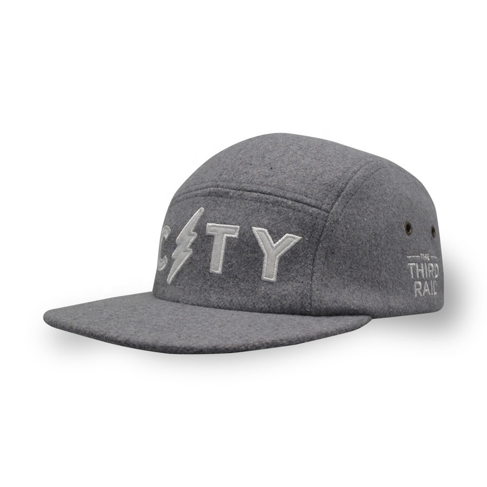 Customized wool 5 panel felt applique embroidery flat bill snapback winter hat leather strap metal buckle fashion hat