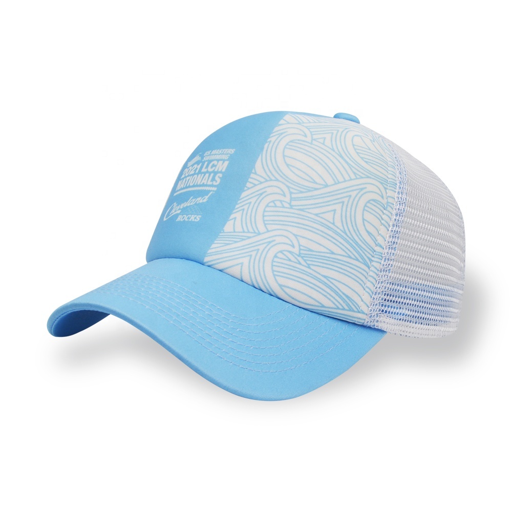 LOW MOQ Customizes Adjustable Sky Blue Mesh Trucker Hat Foam Embroidery Patch Trucker Caps Hats