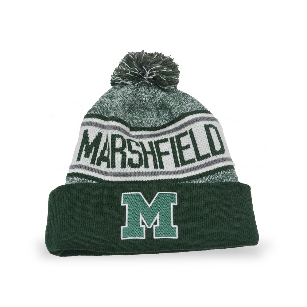 Custom Logo Green Color Pom Winter Hats Knit Jacquard Toque Pom Pom Beanie