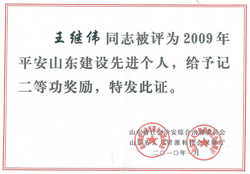 2009年平安山東建設(shè)先進個人