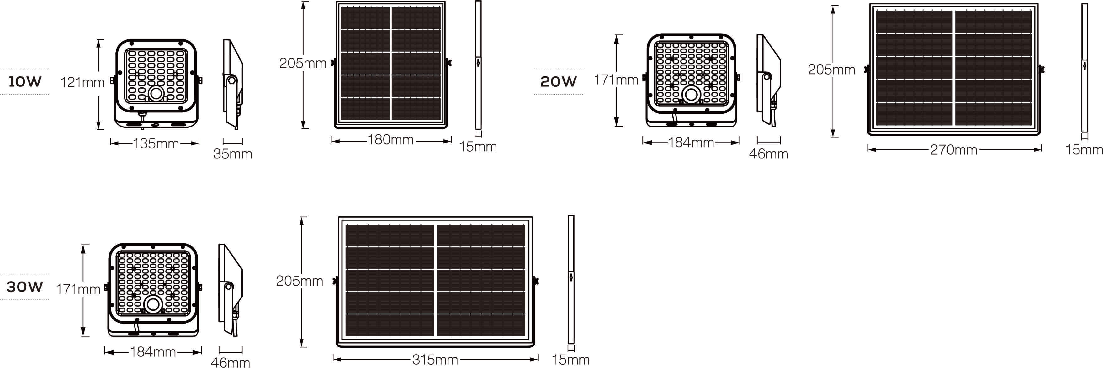 Dimensions du projecteur solaire modèle HS-HB03