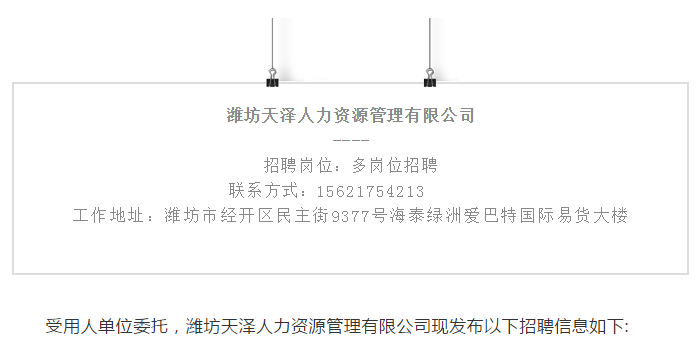 濰坊天澤人力資源管理有限公司關(guān)于新媒體運(yùn)營經(jīng)理、設(shè)計(jì)師、董事長助理、店長、理貨員等多崗位的招聘，快來圍觀！