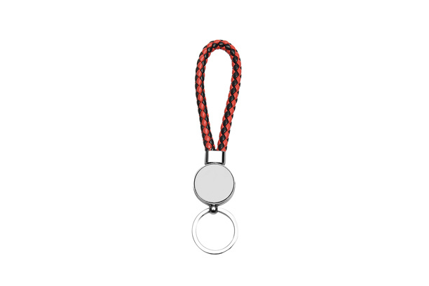 Keychain-PU Braided Rope, Round Shape, Black/Red, Both side Metal Sheet