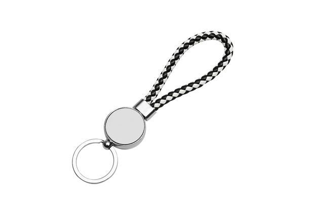 Keychain-PU Braided Rope, Round Shape, Black/White, Both side Metal Sheet