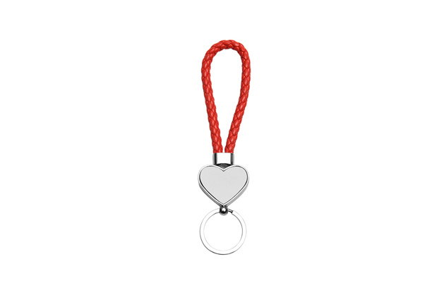 Keychain-PU Braided Rope, Heart Shape, Red, Both side Metal Sheet