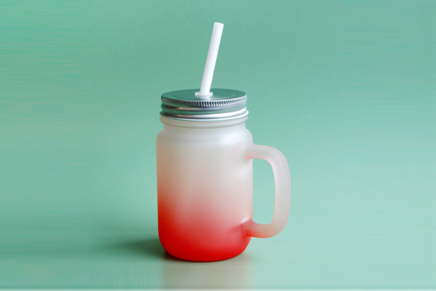 15 oz./430ml Frosted Mason Jar w/Straw, Red