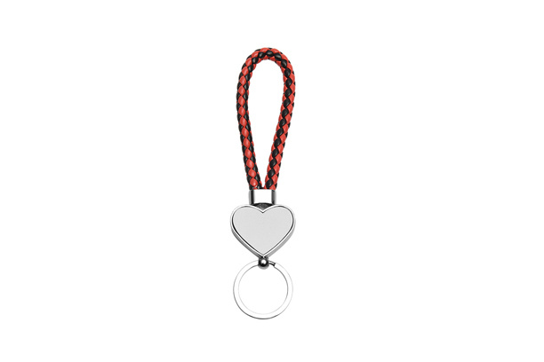 Keychain-PU Braided Rope, Heart Shape, Black/Red, Both side Metal Sheet