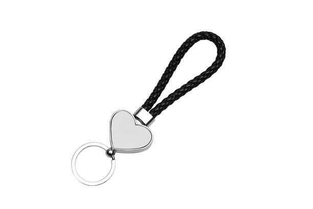 Keychain-PU Braided Rope, Heart Shape, Black, Both side Metal Sheet