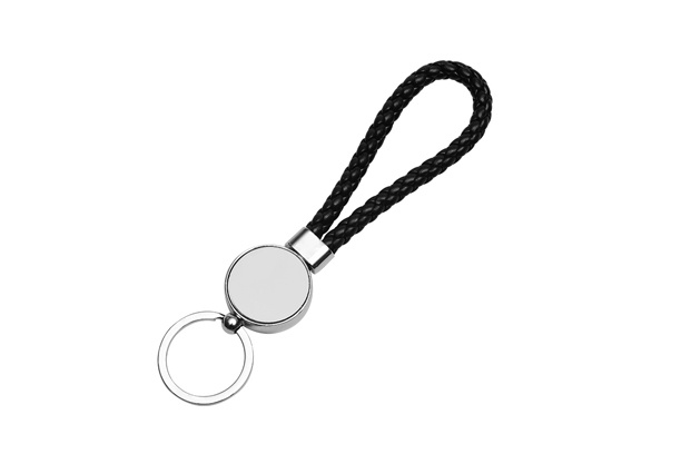 Keychain-PU Braided Rope, Round Shape, Black, Both side Metal Sheet