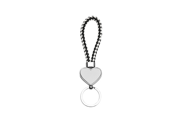 Keychain-PU Braided Rope, Heart Shape, Black/White, Both side Metal Sheet