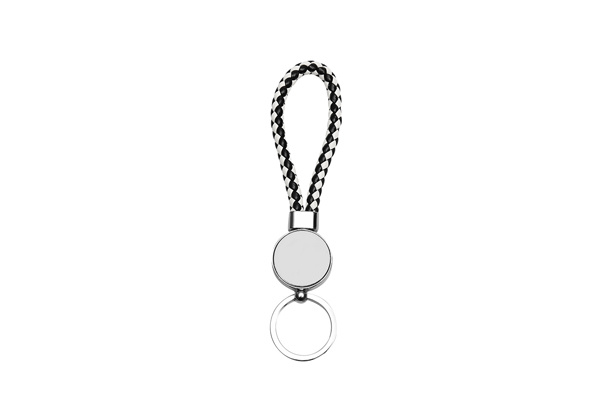 Keychain-PU Braided Rope, Round Shape, Black/White, Both side Metal Sheet