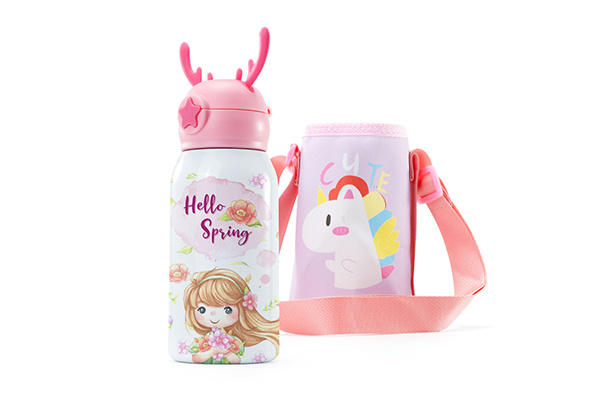 500ml Stainless Steel Kid Bottle with Pink Antler Cover and Bottle Sleeve