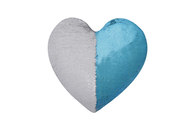 Magic Sequin Heart Shaped Cushion Cover(Lake Blue/White)