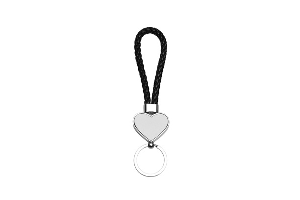 Keychain-PU Braided Rope, Heart Shape, Black, Both side Metal Sheet