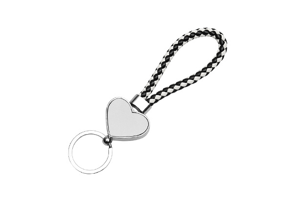 Keychain-PU Braided Rope, Heart Shape, Black/White, Both side Metal Sheet