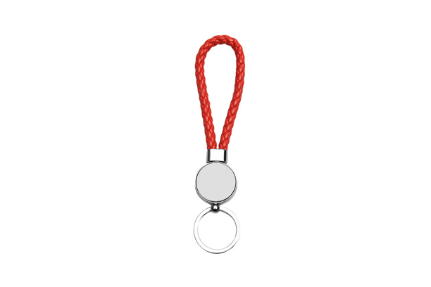 Keychain-PU Braided Rope, Round Shape, Red, Both side Metal Sheet