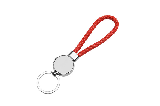 Keychain-PU Braided Rope, Round Shape, Red, Both side Metal Sheet