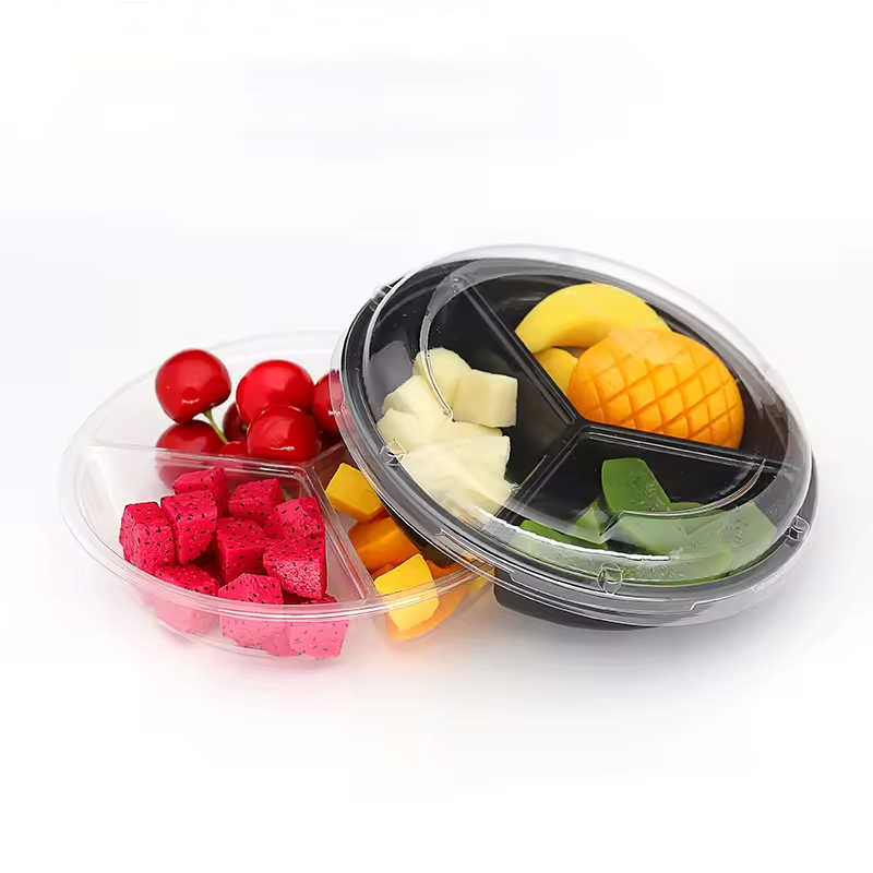 Plastic Food Grade PET Round Fruit Packaging Box 3 Compartments Inner Tray Container