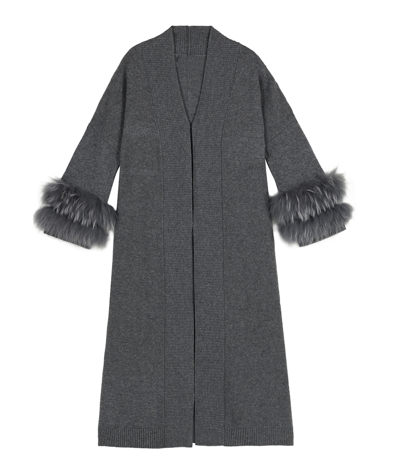 Ladies Long Cardigan with Fur Trim on Cuff