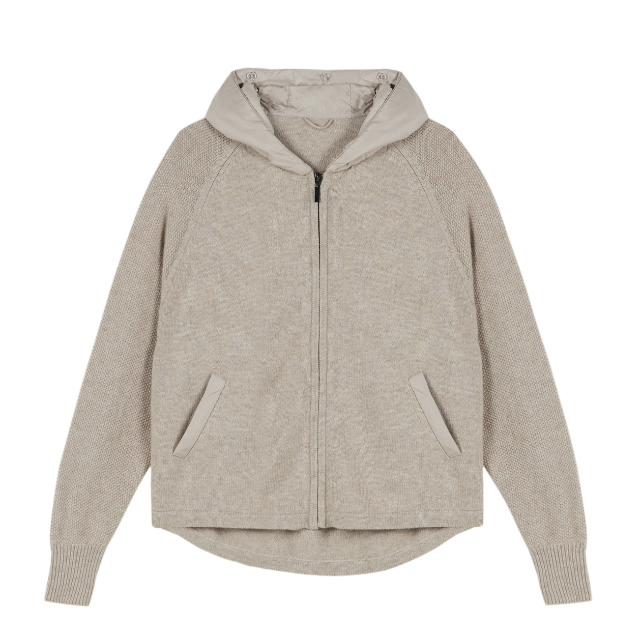 Cashmere Zip Cardigan with Down Feather Hood/Trim