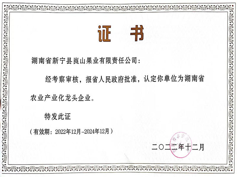 省龍頭企業(yè)證書