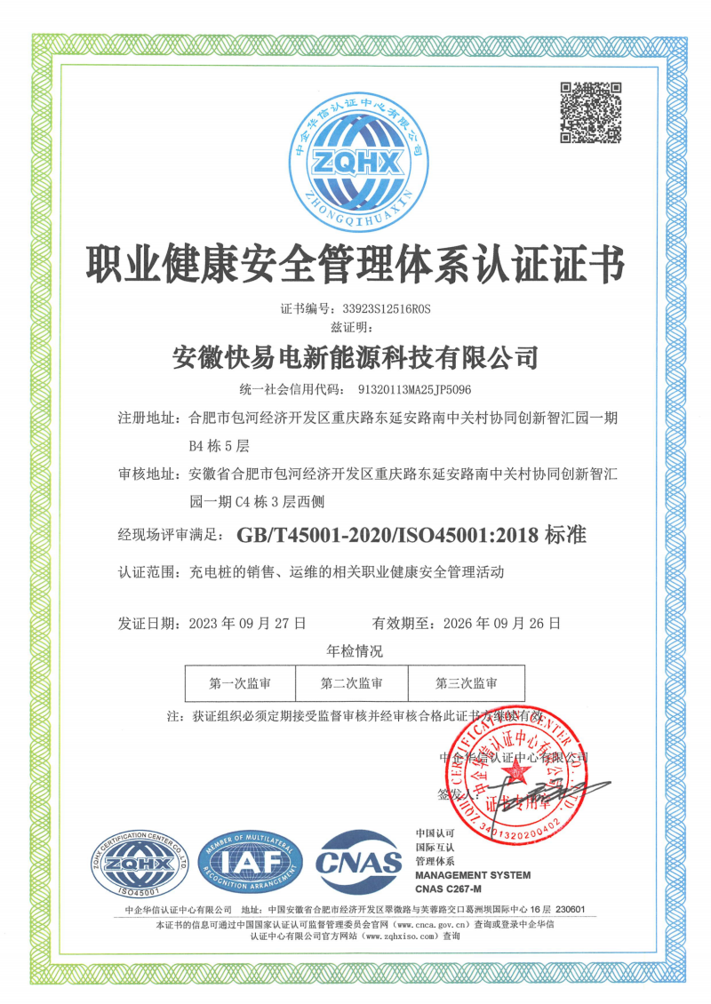 职业健康安全管理体系认证证书