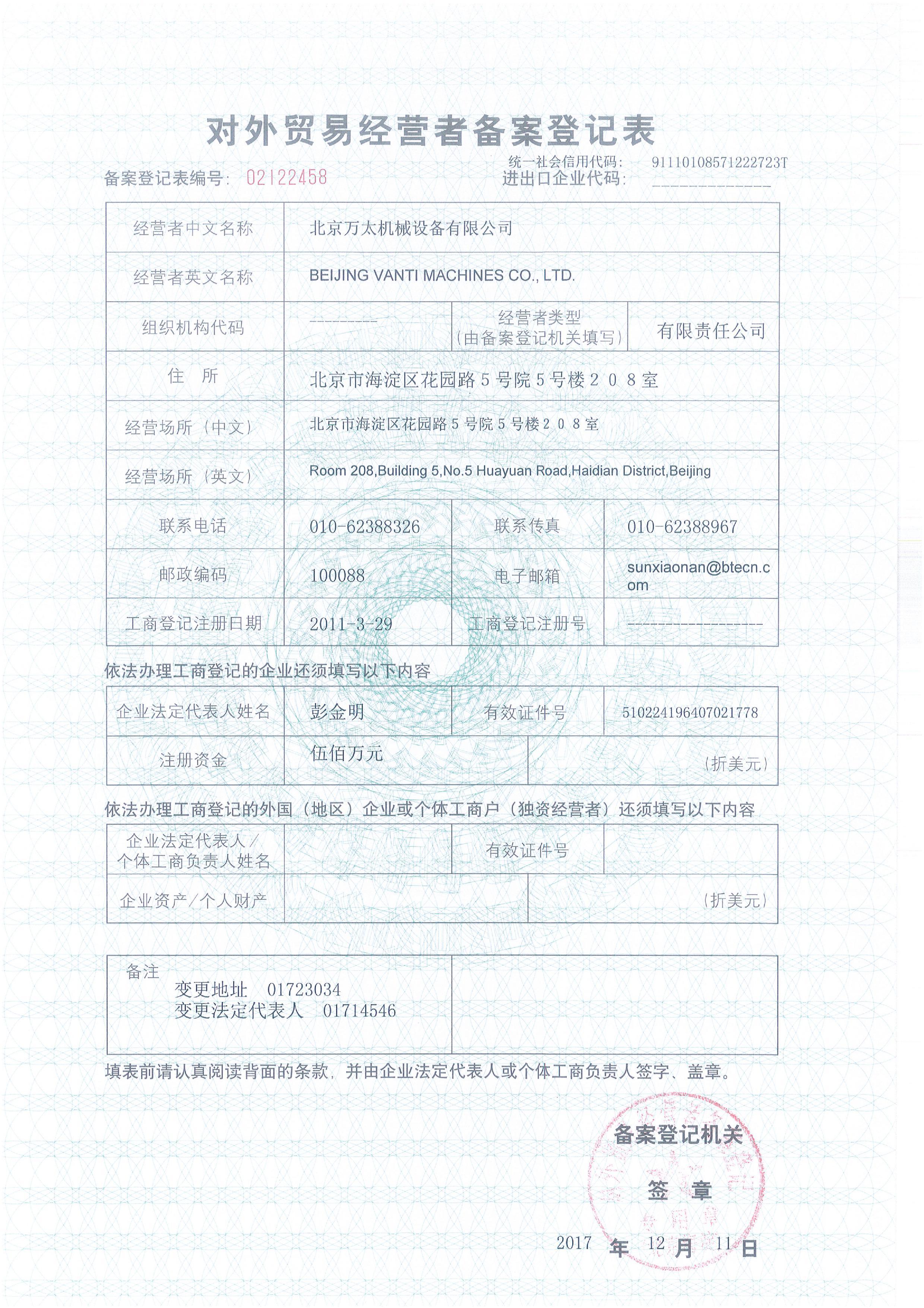 Filing and Registration Form of Foreign Trade Operators Filing and Registration Form of Foreign Trade Operators