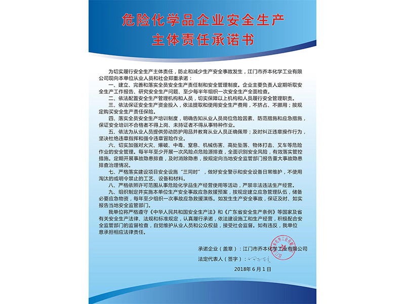 危險化學品企業(yè)安全生產(chǎn)主體責任承諾書