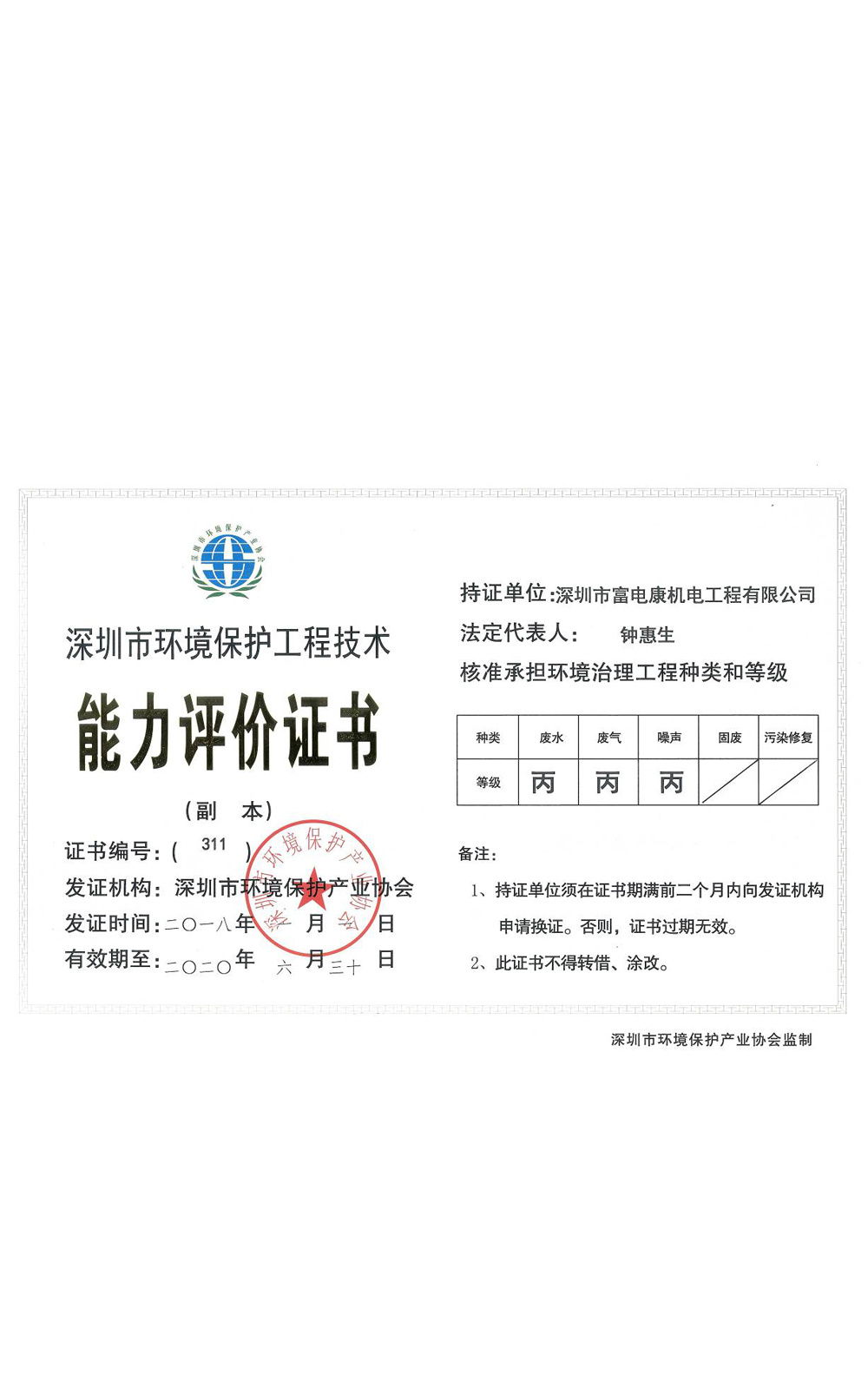 深圳市環(huán)境保護工程技術能力評價證書