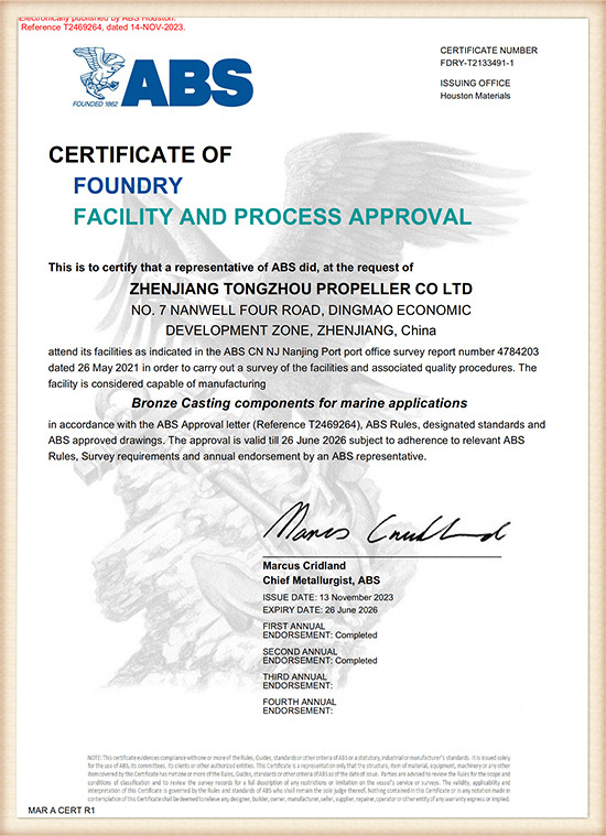 American Bureau of Ship Inspection (ABS) Factory Accreditation Certificate