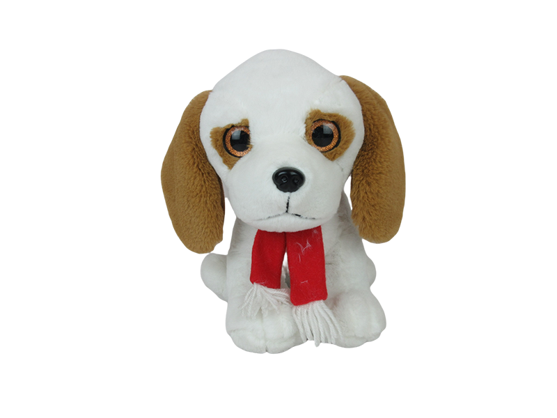 A Plush Dog Toy Wearing a Red Scarf