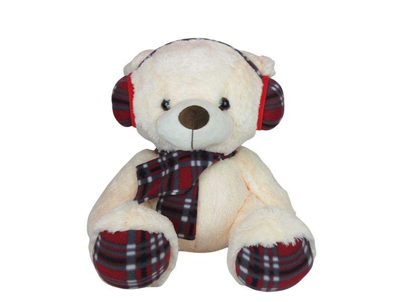Teddy Bear with Dark Red Plaid Earmuffs and Scarf