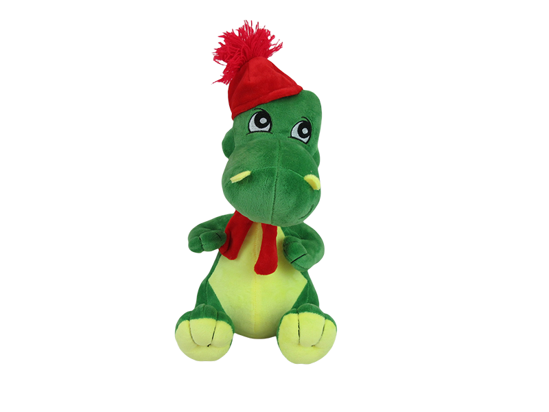 A Green Dinosaur Plush Toy Wearing a Red Hat