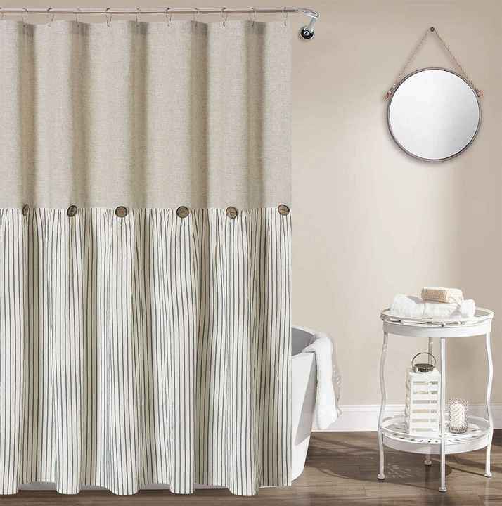 Linen and Cotton Fabric Pleated Gray Stripe and Country Style Button Farmhouse Beige Shower Curtain