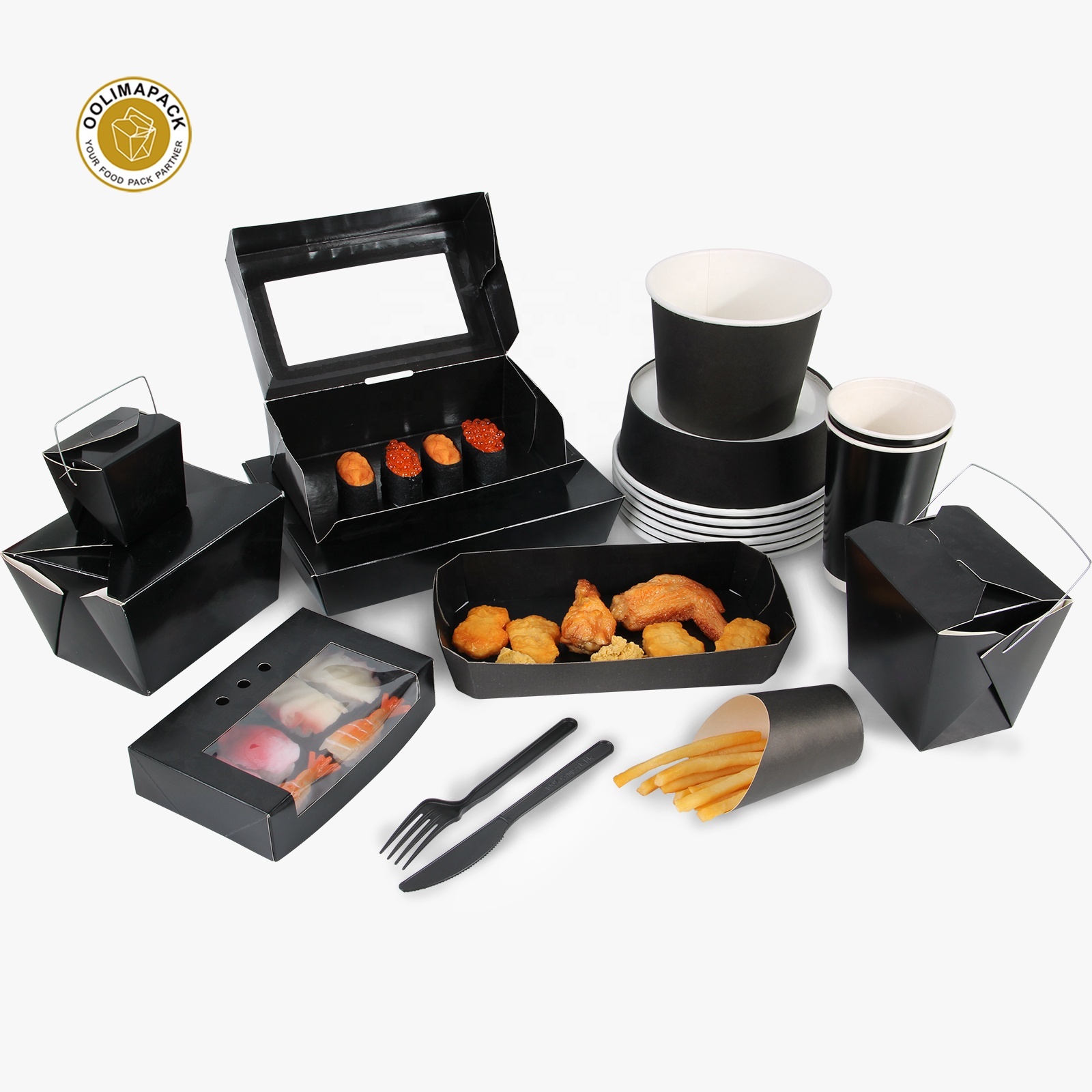 Diskon besar kotak makanan dingin kertas sushi ramah lingkungan seri hitam kemasan nampan kue manis