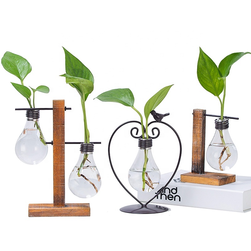 Tanaman Desktop buatan tangan, pot terarium kayu logam dan vas bohlam kaca