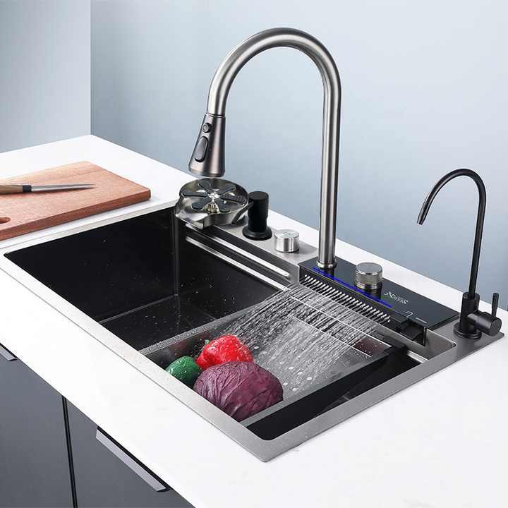 Baja tahan karat pintar Nano langkah gelap abu-abu wastafel dapur tampilan suhu kunci Piano wastafel dapur air terjun tanpa listrik
